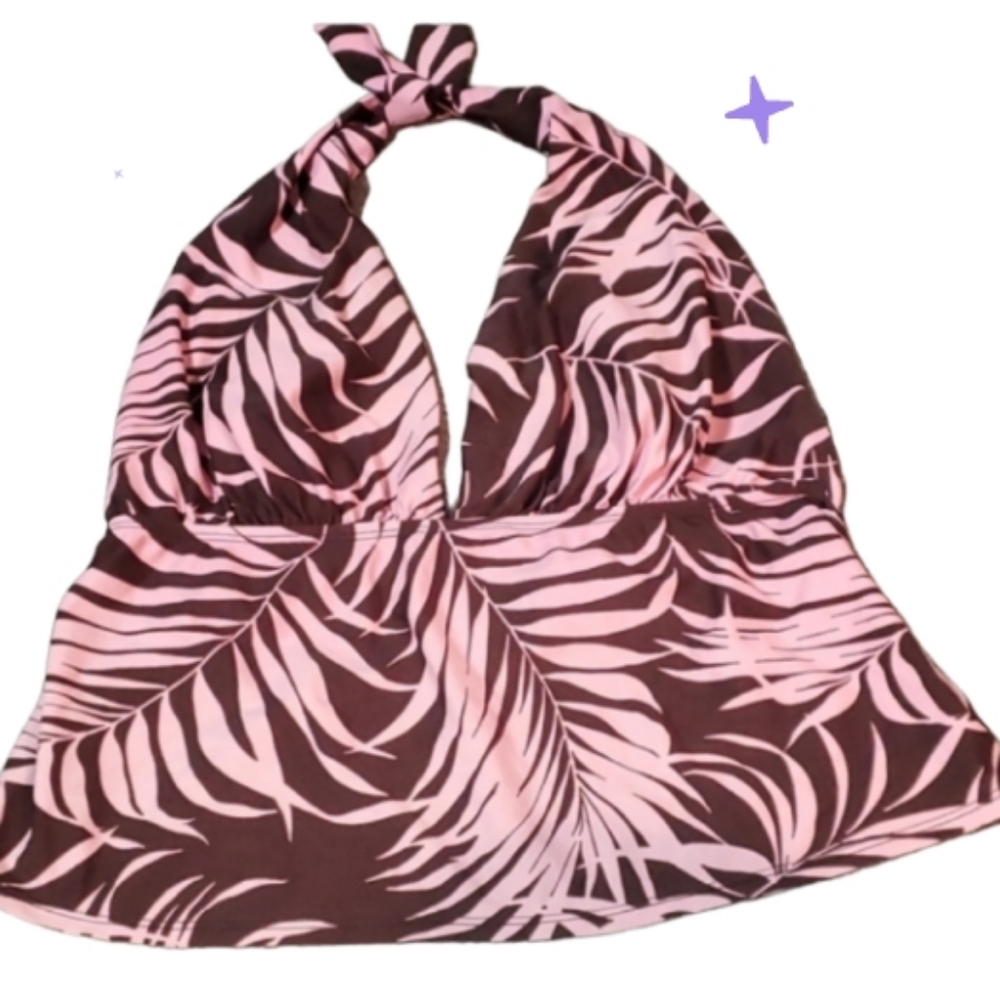 Vintage 16 halter swim top brown & pink fern